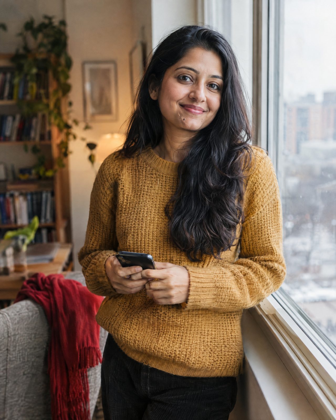 A Canadian woman checking her options by the window