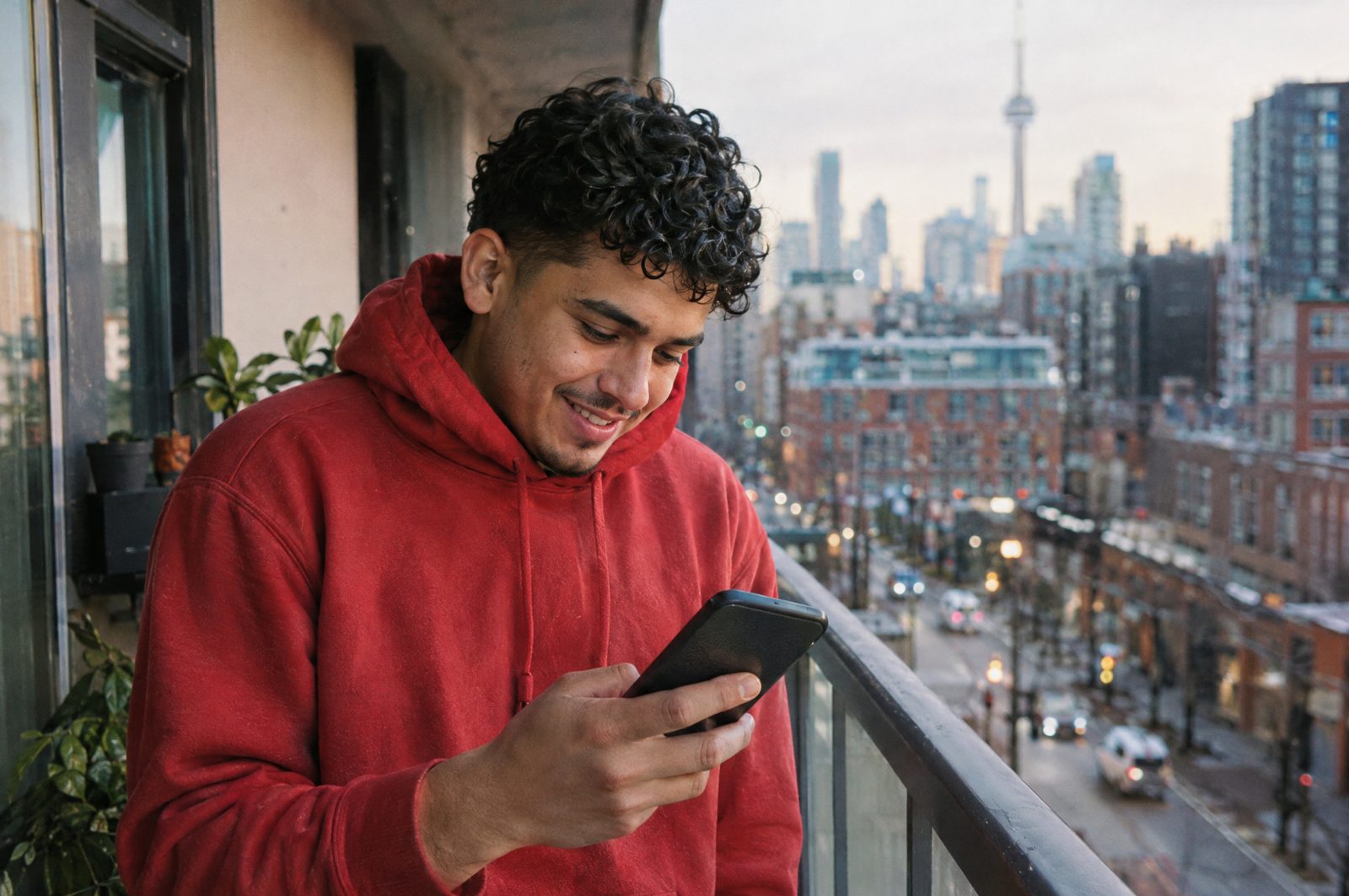 A young Canadian on his balcony with his phone