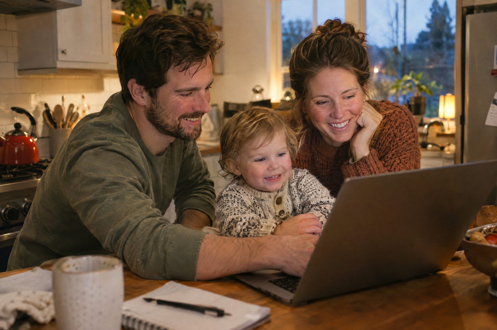 A young Canadian family going over their budget at the kitchen counter